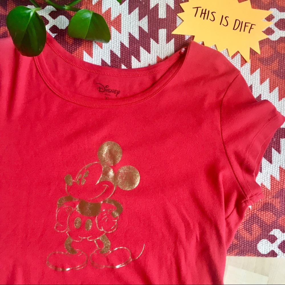 VTG 90s Gold Foil Mickey Disney Baby Tee red XL